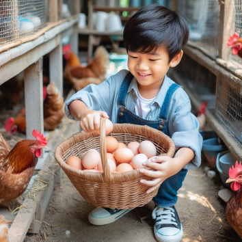 A child holding a basket of eggs

Description automatically generated