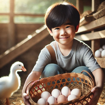 A child holding a basket of eggs

Description automatically generated
