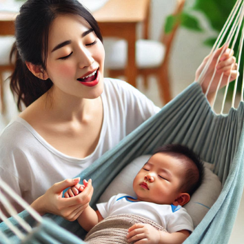 A person holding a baby in a hammock

Description automatically generated