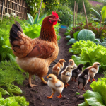 A hen and chicks in a garden

Description automatically generated