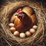 A chicken in a nest with eggs

Description automatically generated