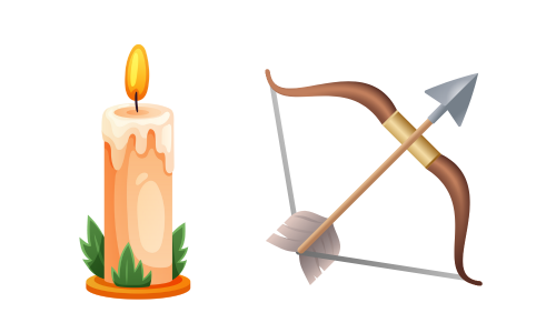 A close-up of a candle and bow and arrow

Description automatically generated
