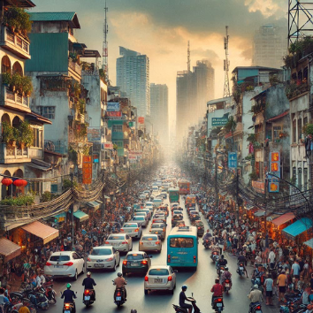 A busy city street with many people and cars

Description automatically generated