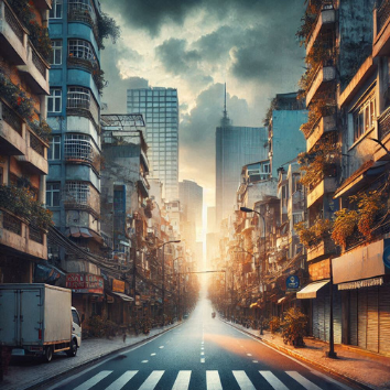 A street with buildings and a road with buildings in the background

Description automatically generated