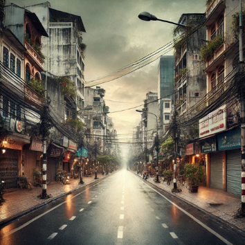 A street with buildings and power lines

Description automatically generated