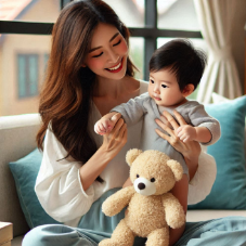 A person holding a baby and a teddy bear

Description automatically generated