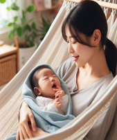A person holding a baby in a hammock

Description automatically generated