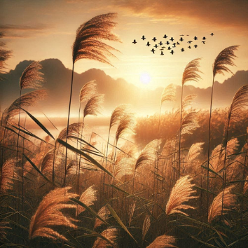 A field of tall grass with birds flying in the sky

Description automatically generated