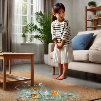 A child standing in front of broken glass

Description automatically generated