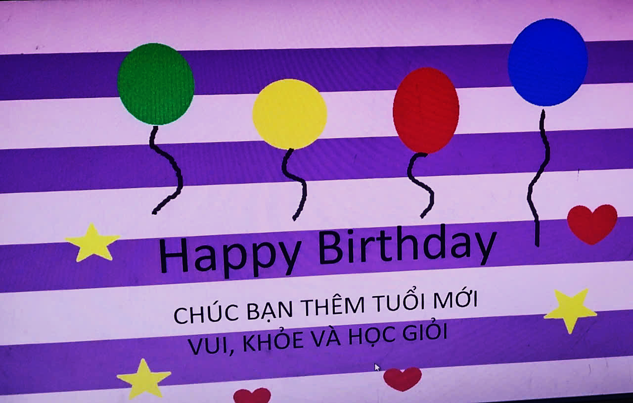 A purple and white striped background with balloons and text

Description automatically generated
