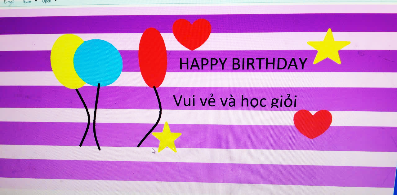 A purple and white striped banner with balloons and stars

Description automatically generated