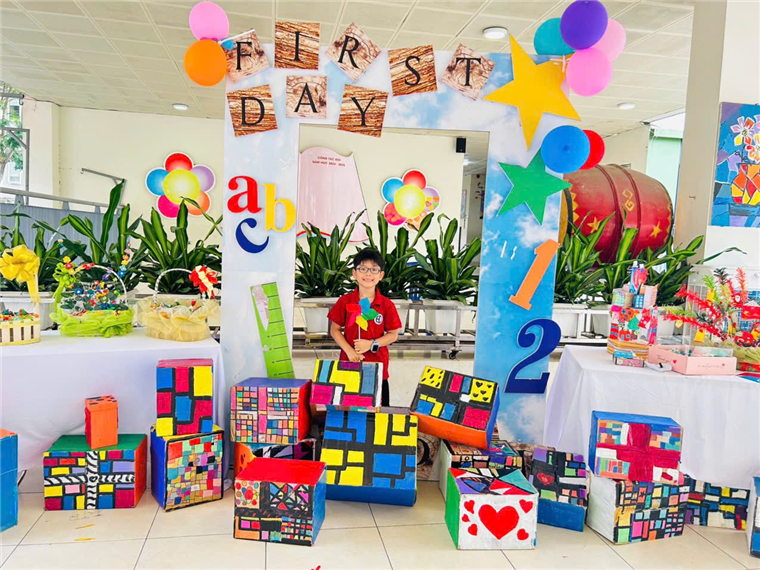 A child standing in front of a decorated arch with colorful boxesAI-generated content may be incorrect.